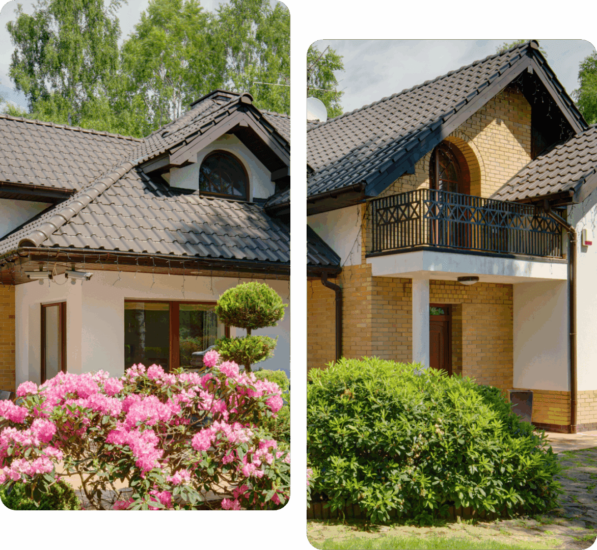 Two elegant houses with well-kept gardens and blooming flowers.