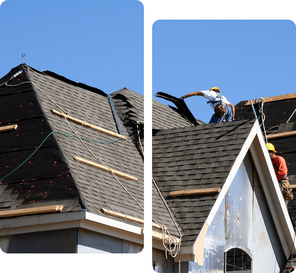 01 Workers repairing a damaged roof under clear blue sky.