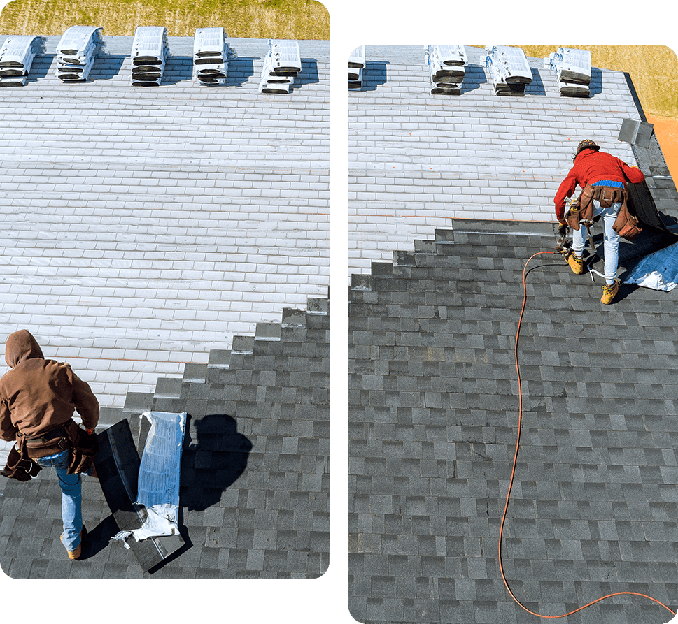 02 Workers installing solar panels on a rooftop with safety gear.