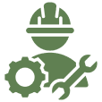 Icon of a construction worker with tools and gear symbolizing engineering or maintenance.